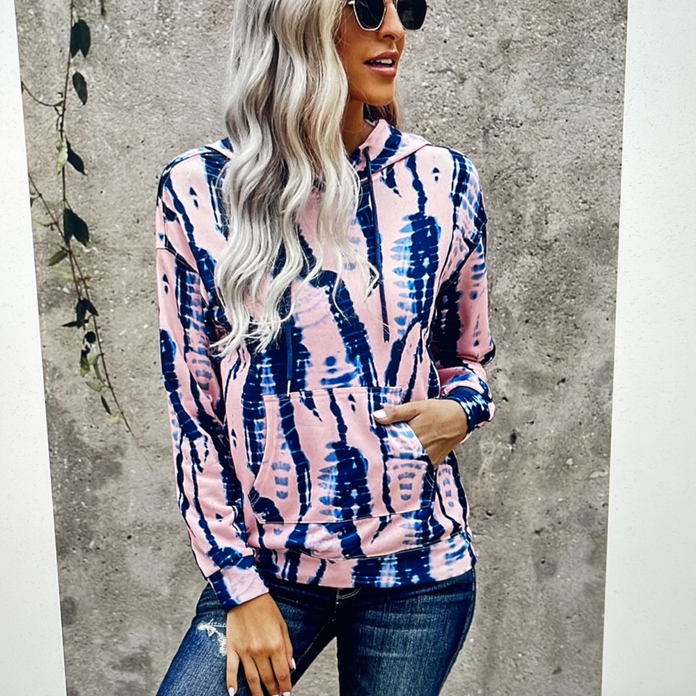 Tie Dye Pullover Kangaroo Pocket Hoodie Sweatshirt Pink Blue Size 2XL - Picture 4 of 7